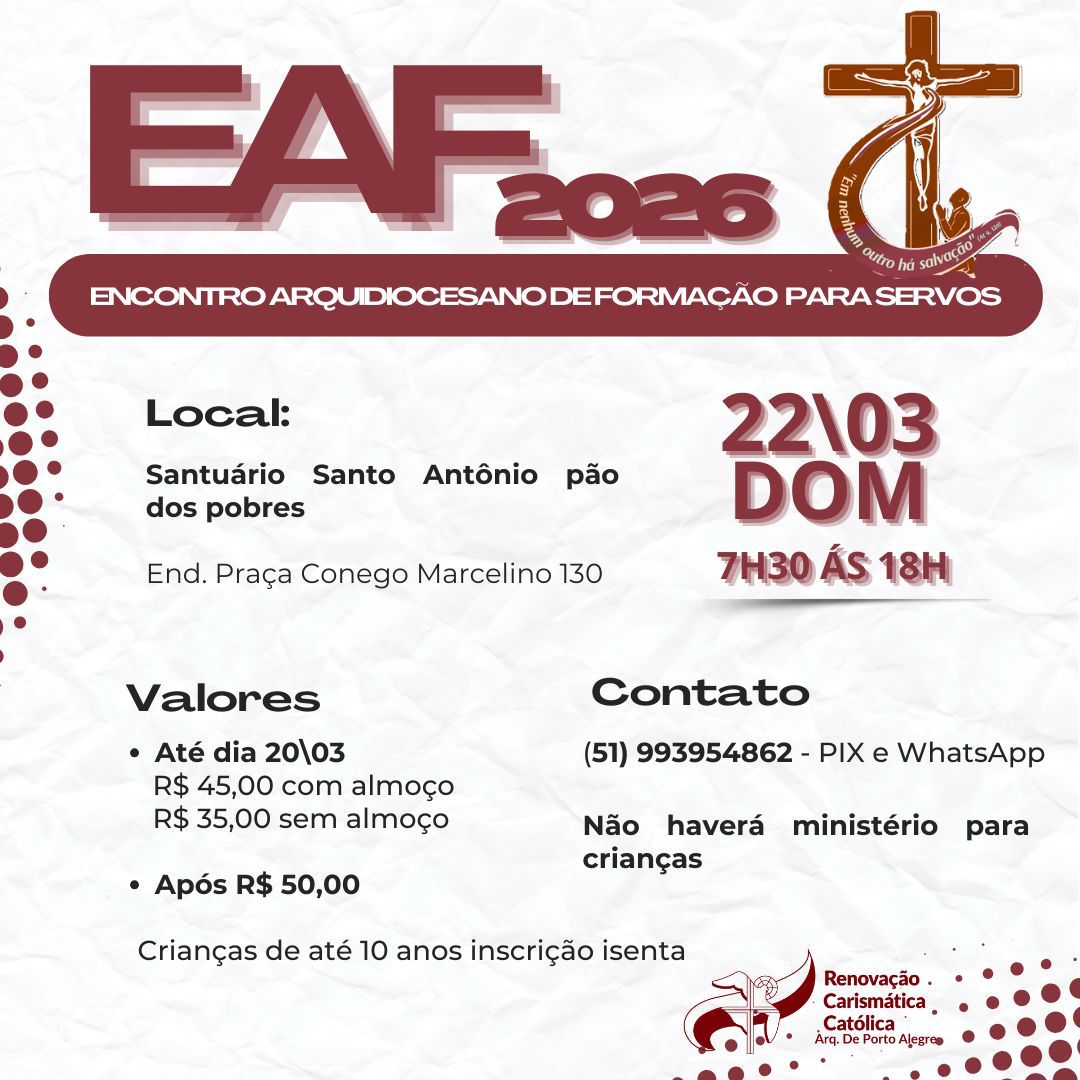 Encontro Arquidiocesano de Formação para Servos da RCC será realizado em Porto Alegre