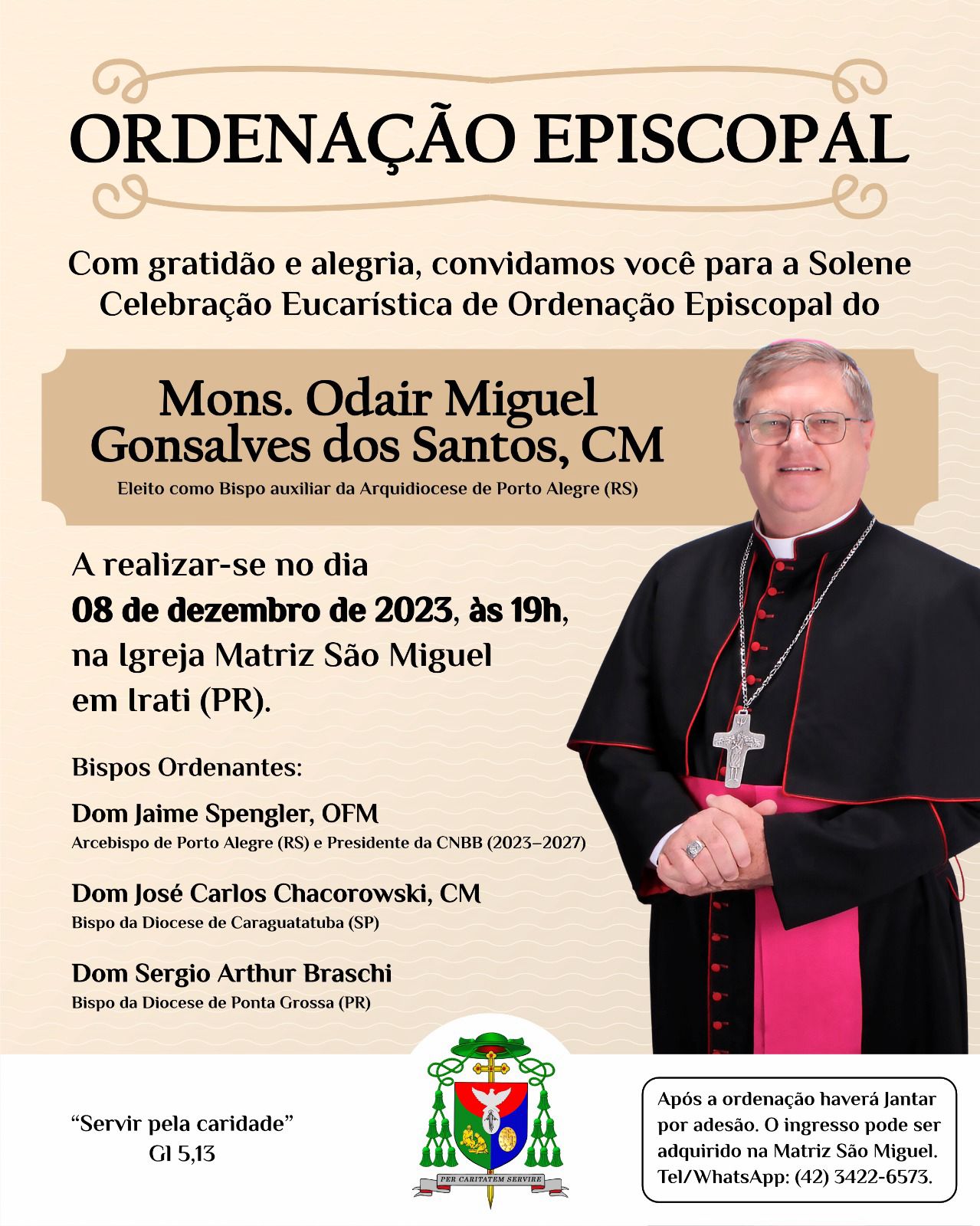 Ordenação episcopal de dom Odair será no dia 8 de dezembro