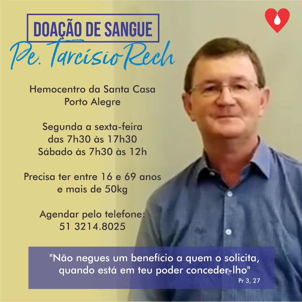 Padre Tarcísio Rech precisa de doações de sangue