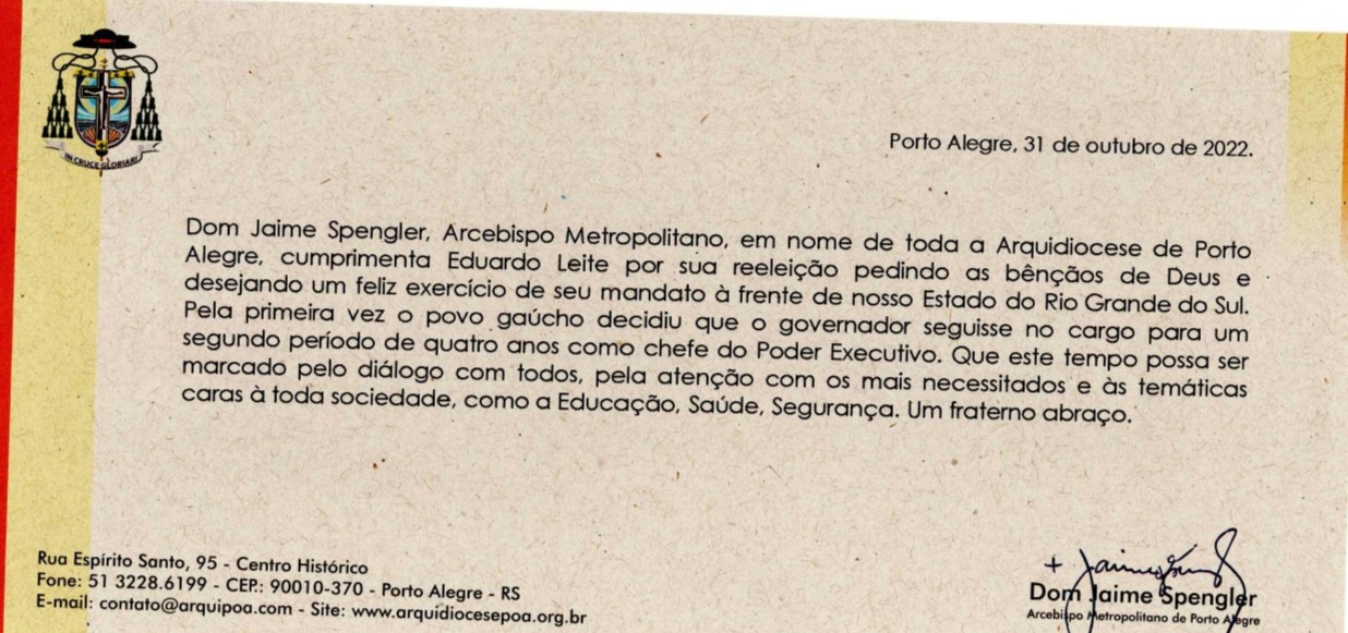Arquidiocese de Porto Alegre parabeniza governador reeleito Eduardo Leite