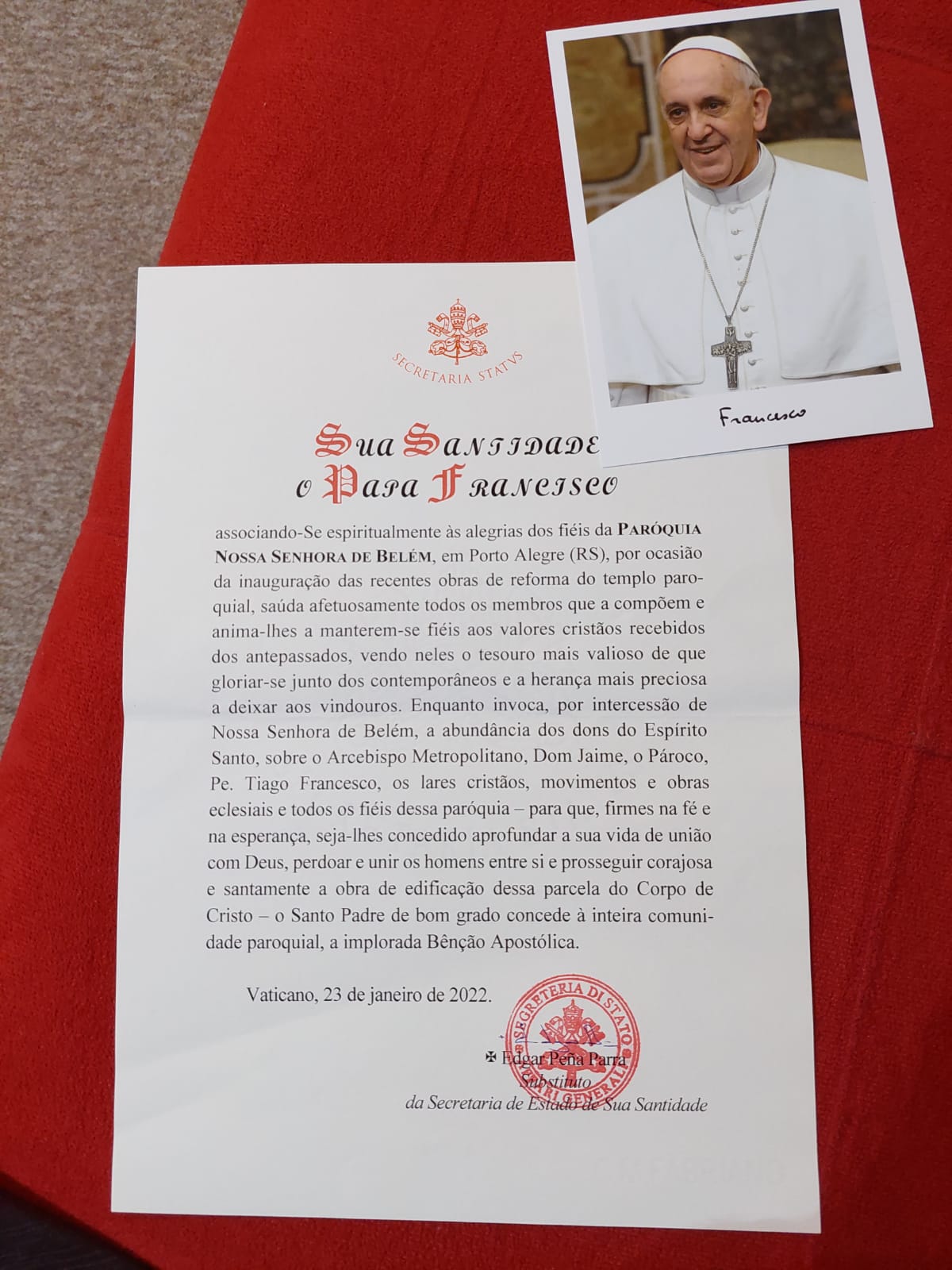 Papa Francisco saúda em Carta Paróquia da Arquidiocese de Porto Alegre por reformas em seu templo 