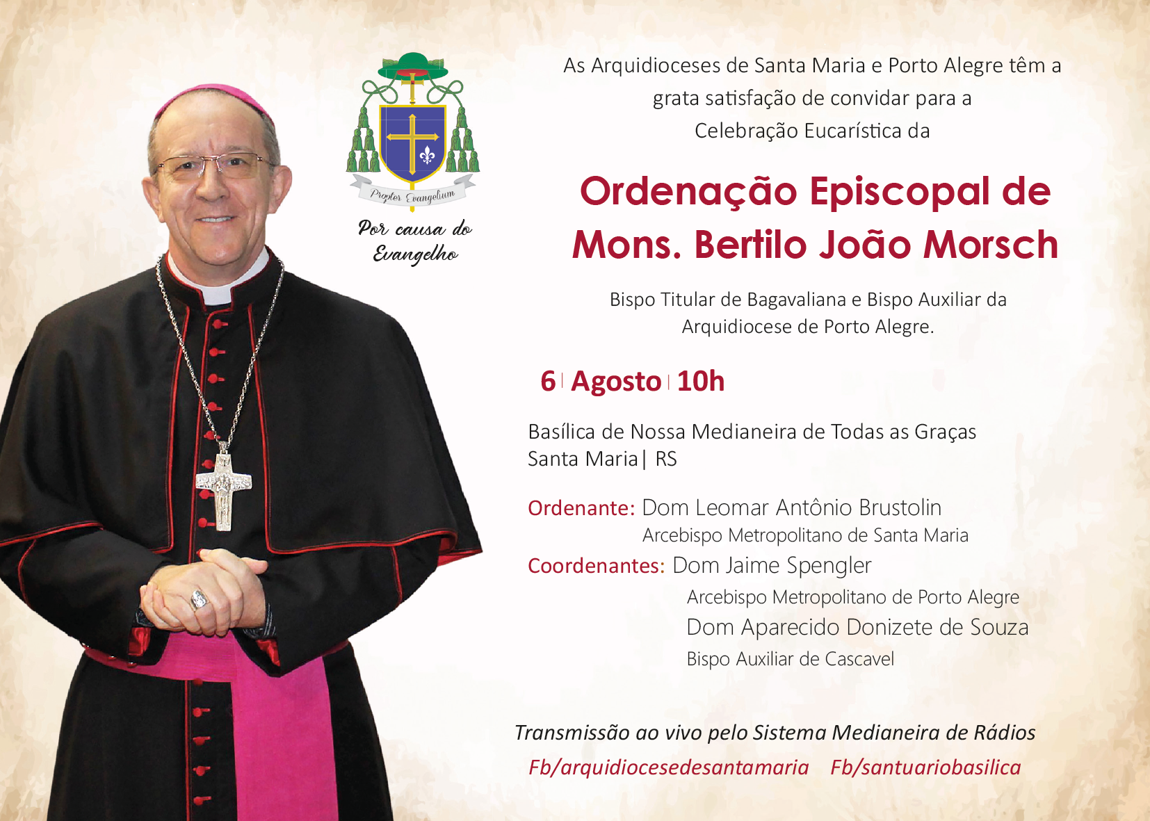 Ordenação Episcopal de Monsenhor Bertilo João Morsch acontece neste sábado 