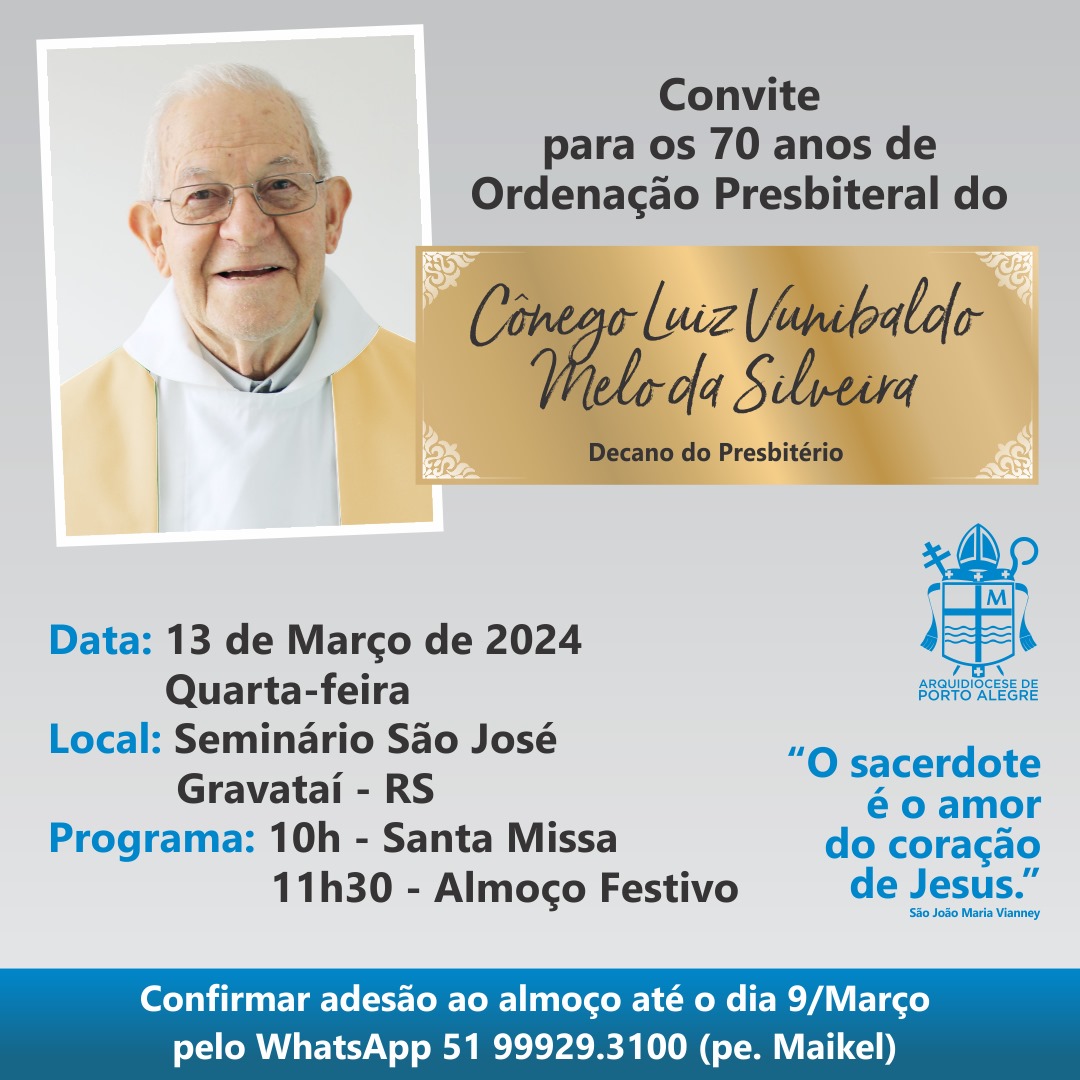Cônego Melo celebra no mês de março os 70 anos de sua ordenação sacerdotal