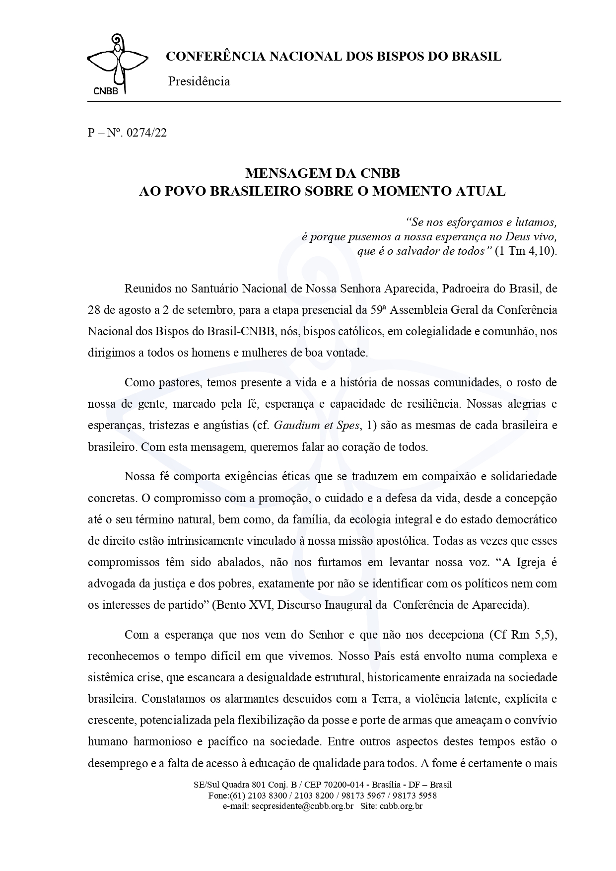 Assembleia geral da CNBB divulga mensagem ao povo brasileiro sobre o momento atual