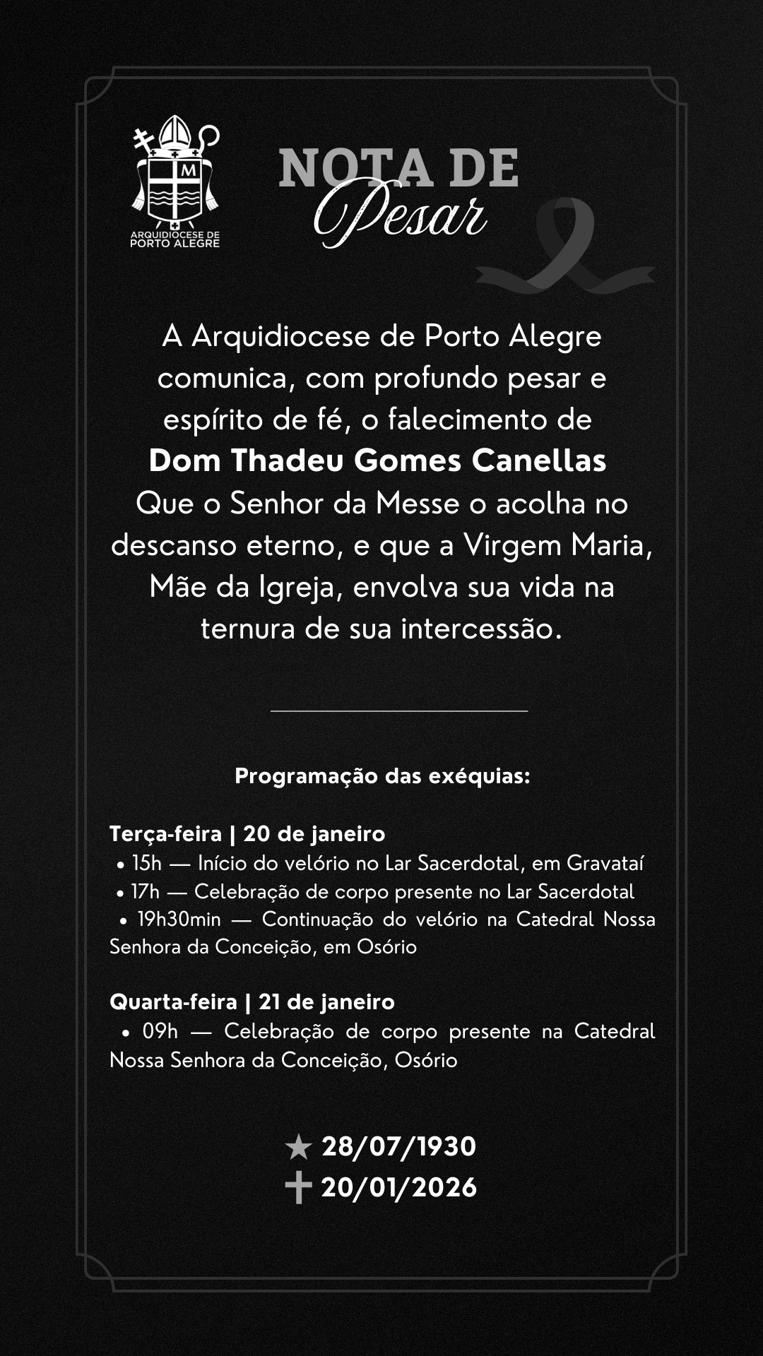 Comunicamos o falecimento de Dom Thadeu Gomes Canellas