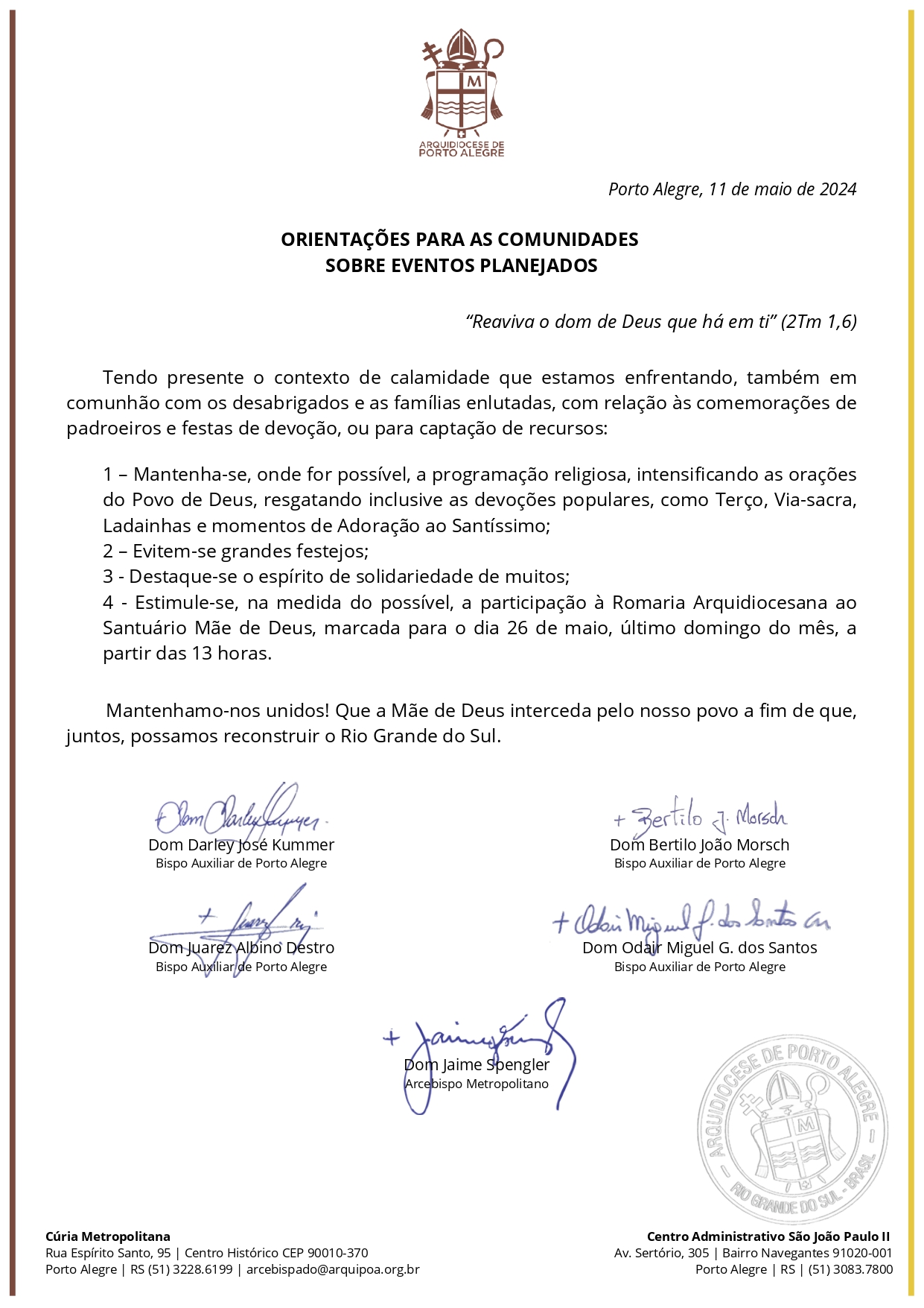 Arquidiocese divulga orientações para comunidades sobre eventos planejados