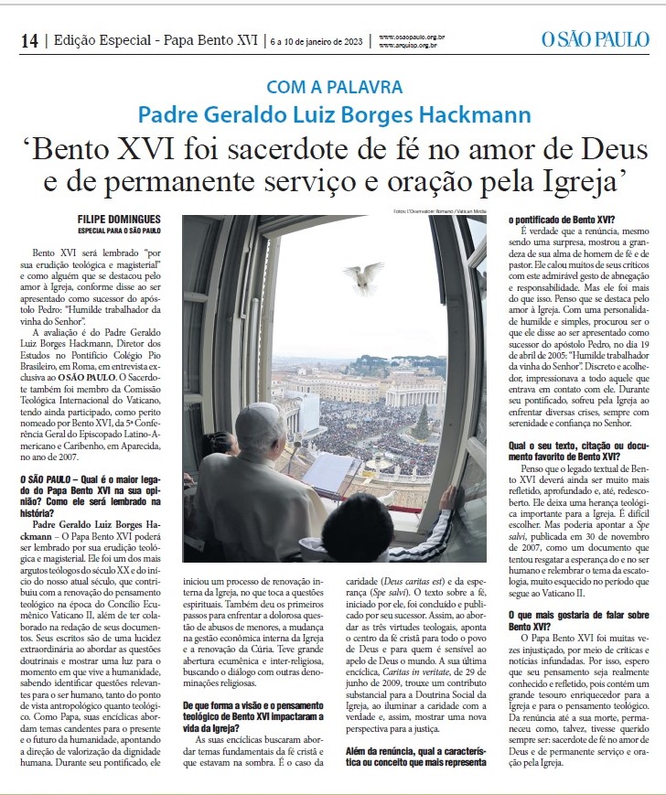 Papa Bento XVI: padre Geraldo Hackmann é entrevistado pelo jornal O São Paulo