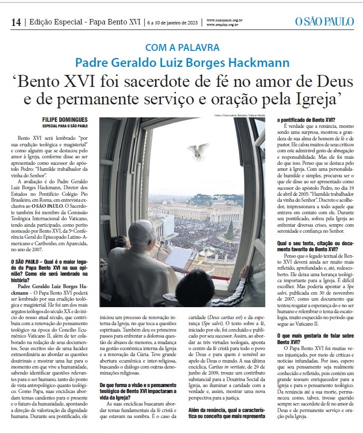 Papa Bento XVI: padre Geraldo Hackmann é entrevistado pelo jornal O São Paulo