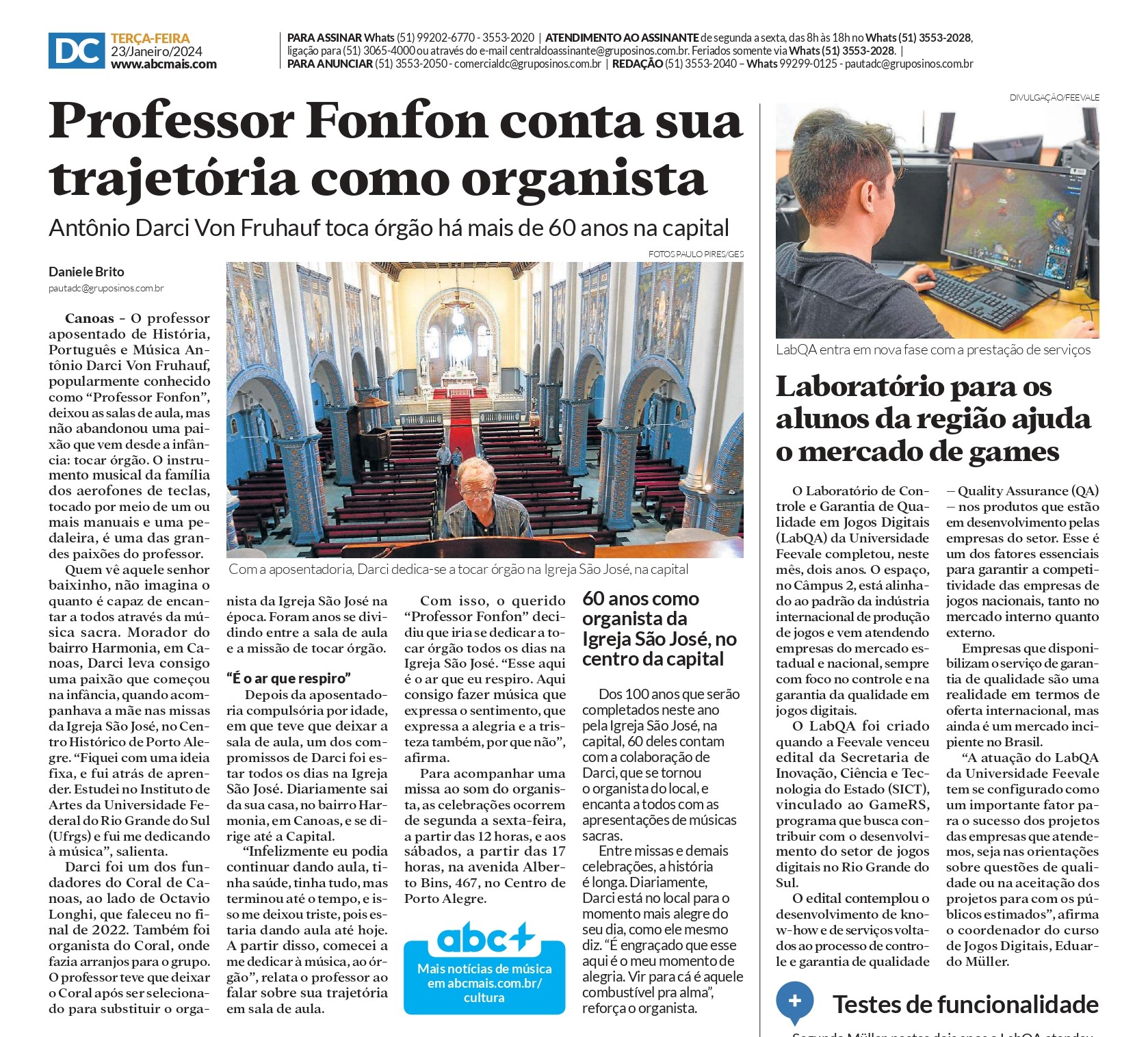 Trajetória do organista da Igreja São José é tema de reportagem do Diário de Canoas