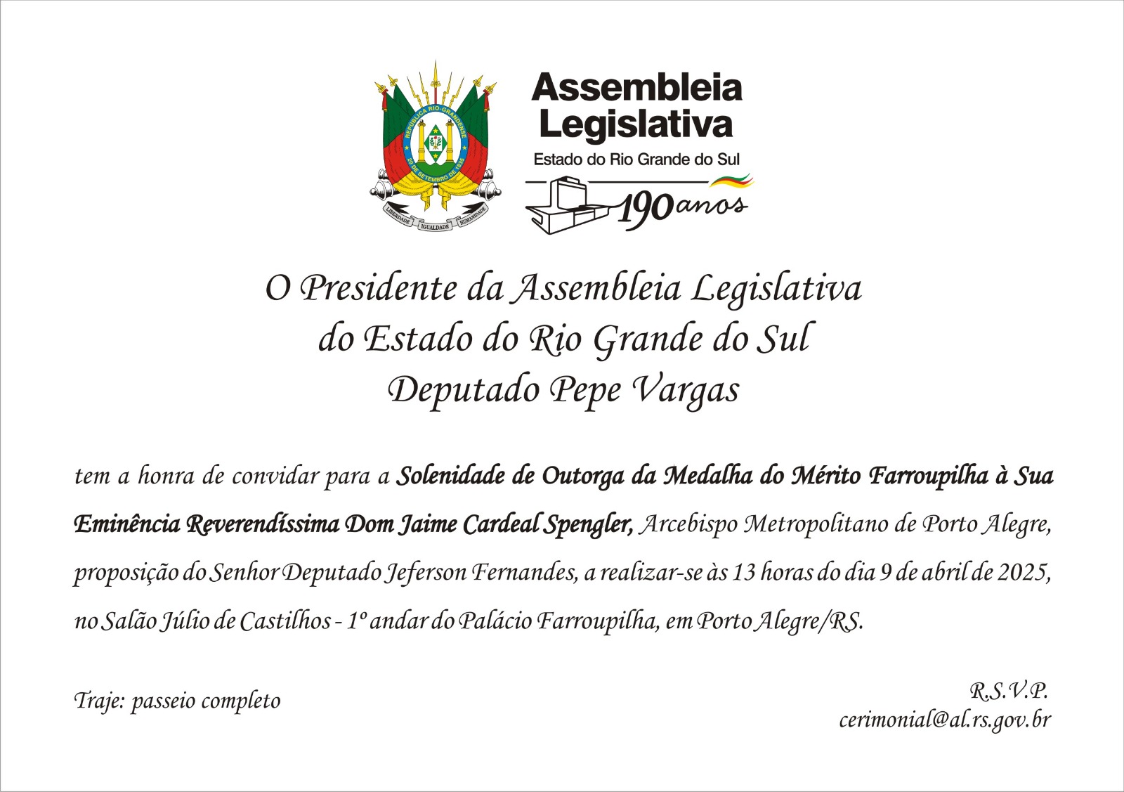 Dom Jaime Cardeal Spengler receberá Medalha de Mérito Farroupilha