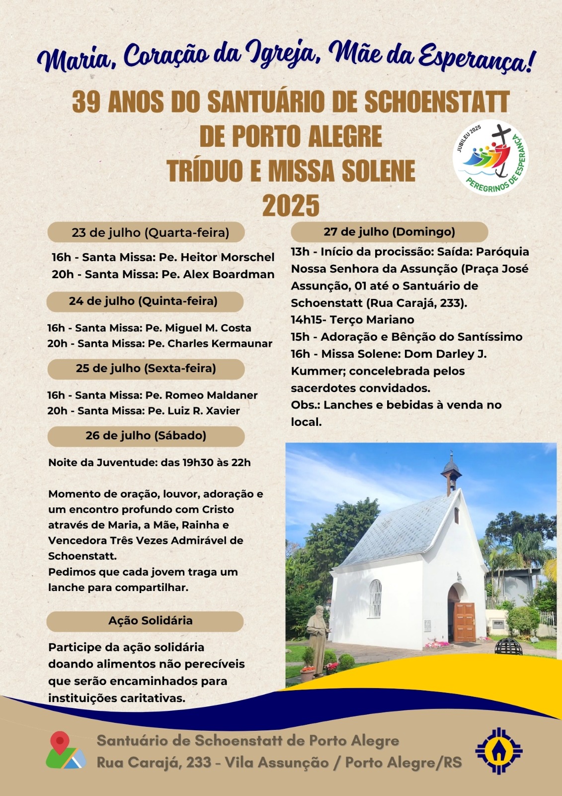Santuário de Schoenstatt de Porto Alegre celebra 39 anos com Tríduo, Festa e programação especial