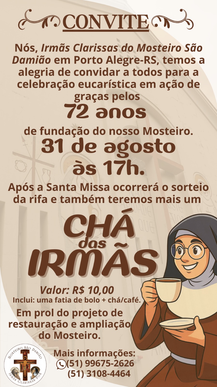 Mosteiro São Damião celebra 72 anos de fundação em Porto Alegre