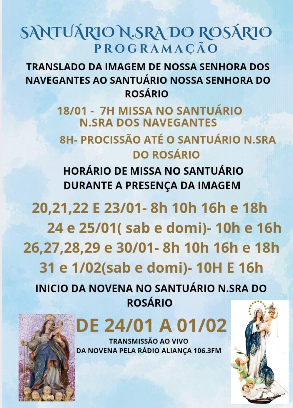 Translado da imagem de Nossa Senhora dos Navegantes acontece neste domingo, 18 de janeiro