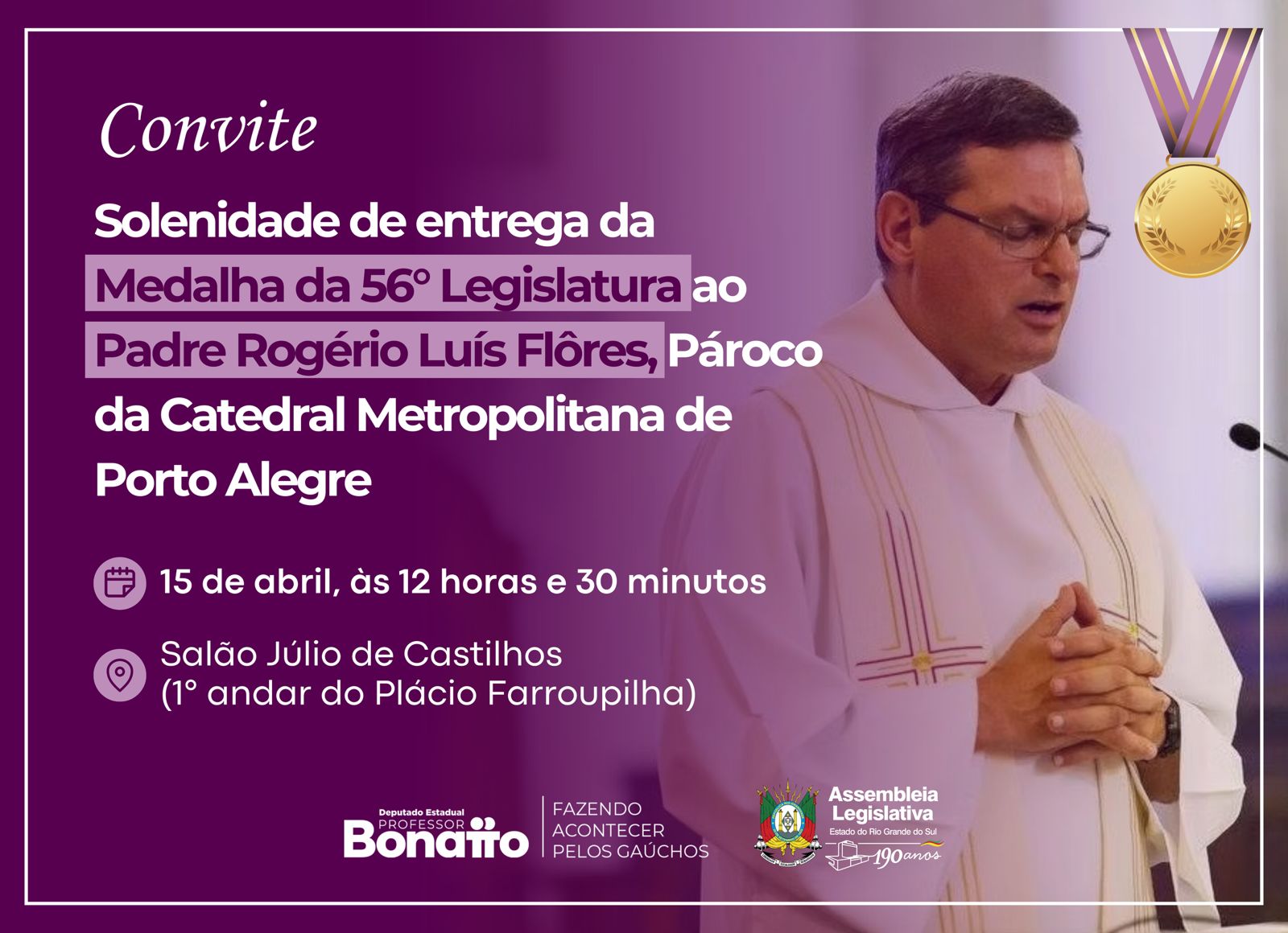 Pároco da Catedral Metropolitana receberá Medalha da 56ª Legislatura