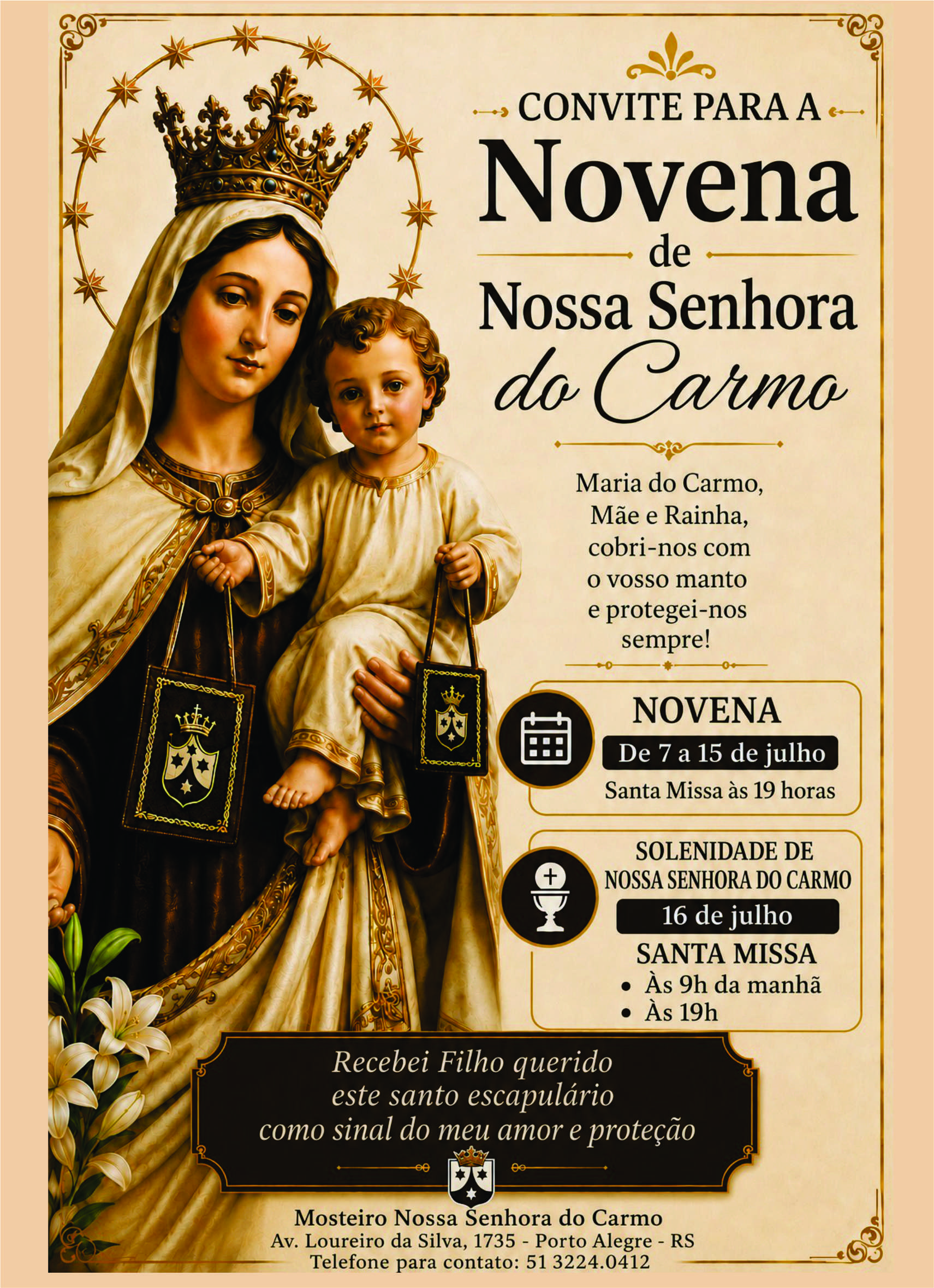 Novena de Nossa Senhora do Carmo segue nesta quinta-feira com celebração às 19h