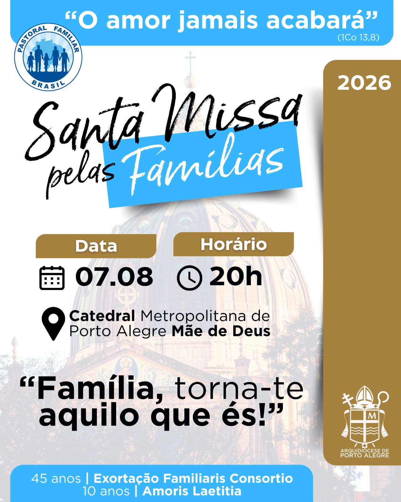 Pastoral Familiar da Arquidiocese de Porto Alegre promove Missa pelas Famílias na Catedral Metropolitana