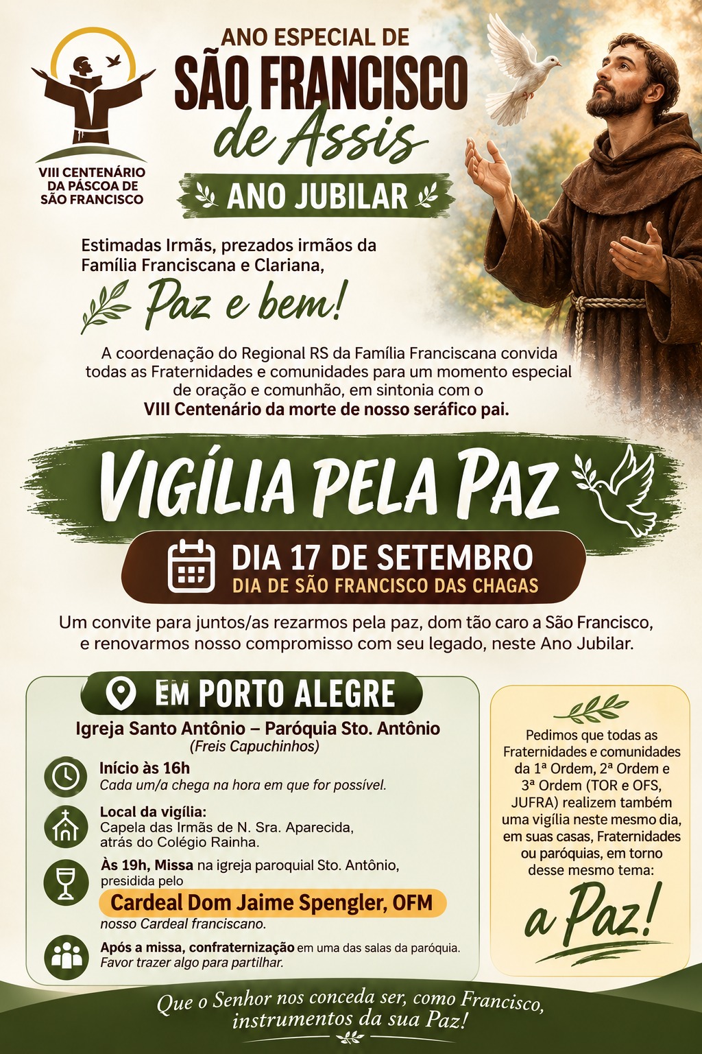 Família Franciscana promove Vigília pela Paz em Porto Alegre no Ano Jubilar de São Francisco